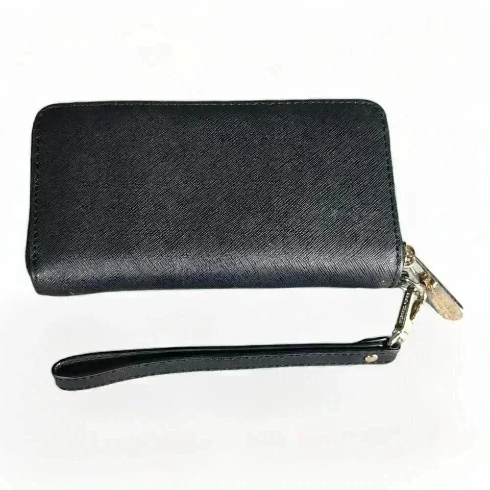 Michael Kors Zip Around Wallet Wristlet Black Leather Gold Logo